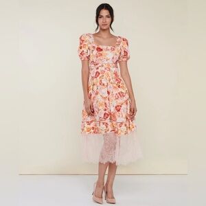 Rachel Parcel Puff‎ Sleeve Lace Trim Midi Dress Peach Floral Multi Z 4